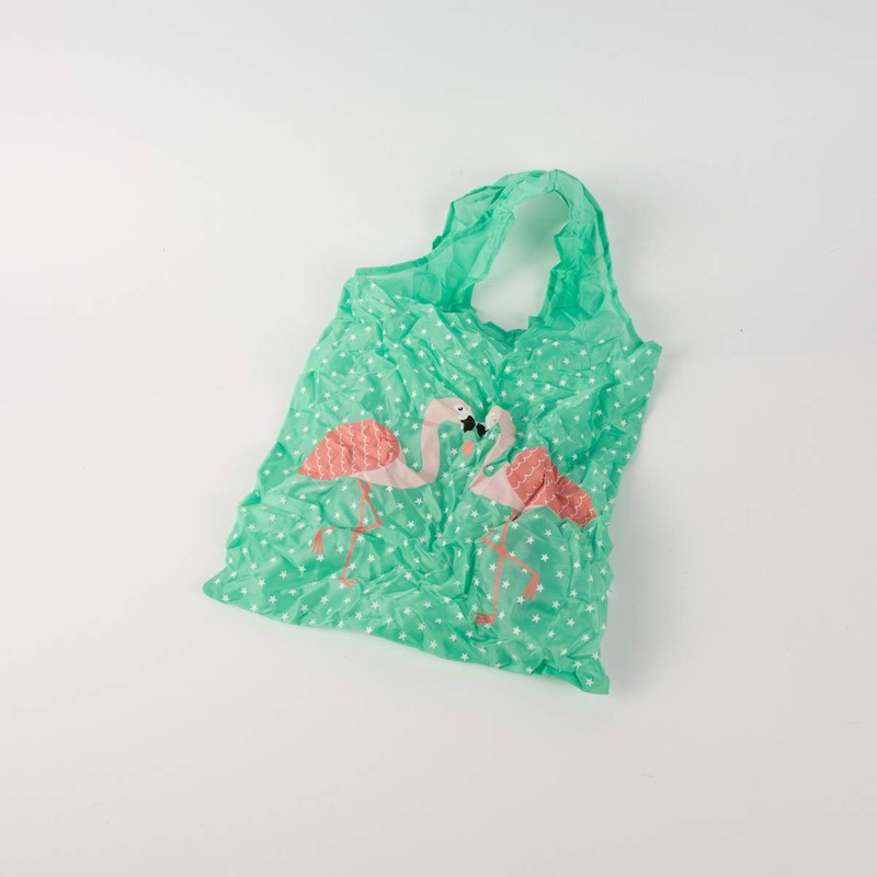 Eco Friendly Foldable Shopping Bag - Flamingo Design, Turquoise, One