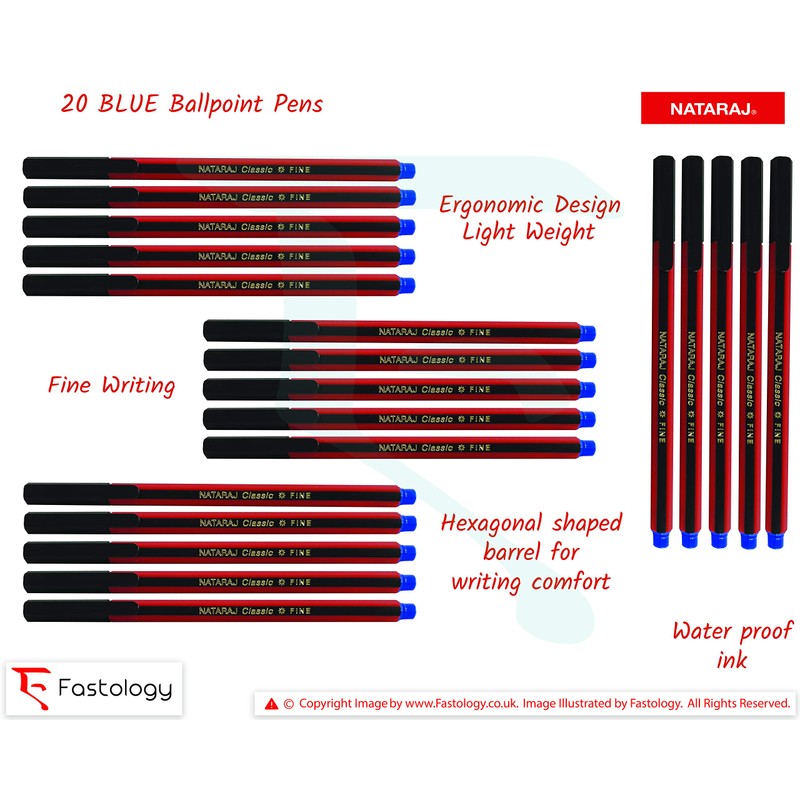 20 x 0.7mm Fine Tipped NATARAJ Classic BLUE Ballpoint Pens