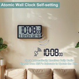 Atomic Wall Clock Battery Operated,10.5 inch Digtial Desk Clock with Temperature and Humidity,Self-Setting Alarm Clocks with 57 Ringtones,Auto DST, Large LCD Display for Seniors Batteries Included