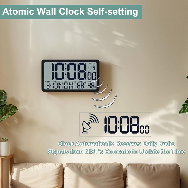 Atomic Wall Clock Battery Operated,10.5 inch Digtial Desk Clock with