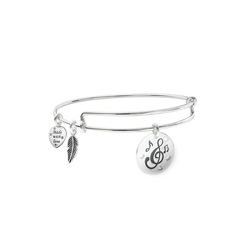 Sterling Silver Love Music Heart Feather Dangle Charm Expandable Bangle