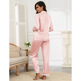 Ekouaer Satin Pajamas for Women Silk Long Sleeve Sleepwear Button Down Loungewear 2 Pieces Lace Soft Pjs Set Pink