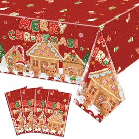 4 PCS Christmas Tablecloth Party Decorations - Merry Christmas Santa Plastic Table Cover, Gingerbread Snowflakes Rectangular Tablecloth for Xmas Holiday Winter Party Supplies, 51 x 86.6 Inch