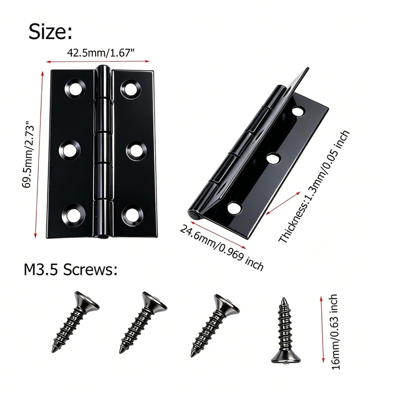6 Pcs 2.72 Inch Black Matte Cabinet Hinges, Stainless Steel