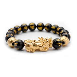 WHFDCai Feng Shui Wealth Bracelet, 12mm Black Obsidian Bracelets with Pixiu Character, Luck Protection Bracelet for Men, Women, Lovers, Couples, Parents