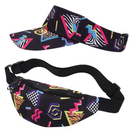 2 Pcs 80s 90s Fanny Pack Sun Visor Hat Waist Bag 80s 90s Outfit Retro Summer Sports Party Fashion Accessories for Men Women (Black)