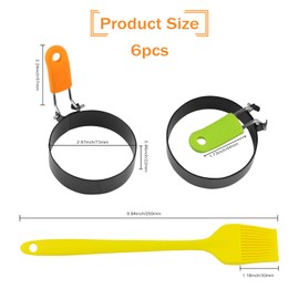 YUUTIAL Pack of 6 3.5 Inch Egg Rings with Oil Brush, Stainless Steel with Heat Resistant Folding Handles,Non-Stick Round Mold Shaper for McMuffins