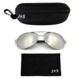 J+S Premium Military Style Classic Aviator Sunglasses, Polarized, 100% UV protection for Men Women (Medium - Silver Frame/Silver Mirror Lens)