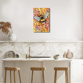 TISHIRON Wall Art Bee Flower Canvas Painting Gallery Wrapped Stretched Framed Painting Arts Craft for Living Room Bedroom Home Office Decor Home Wall Decor Friends Gift Ready to Hang 8x12inch