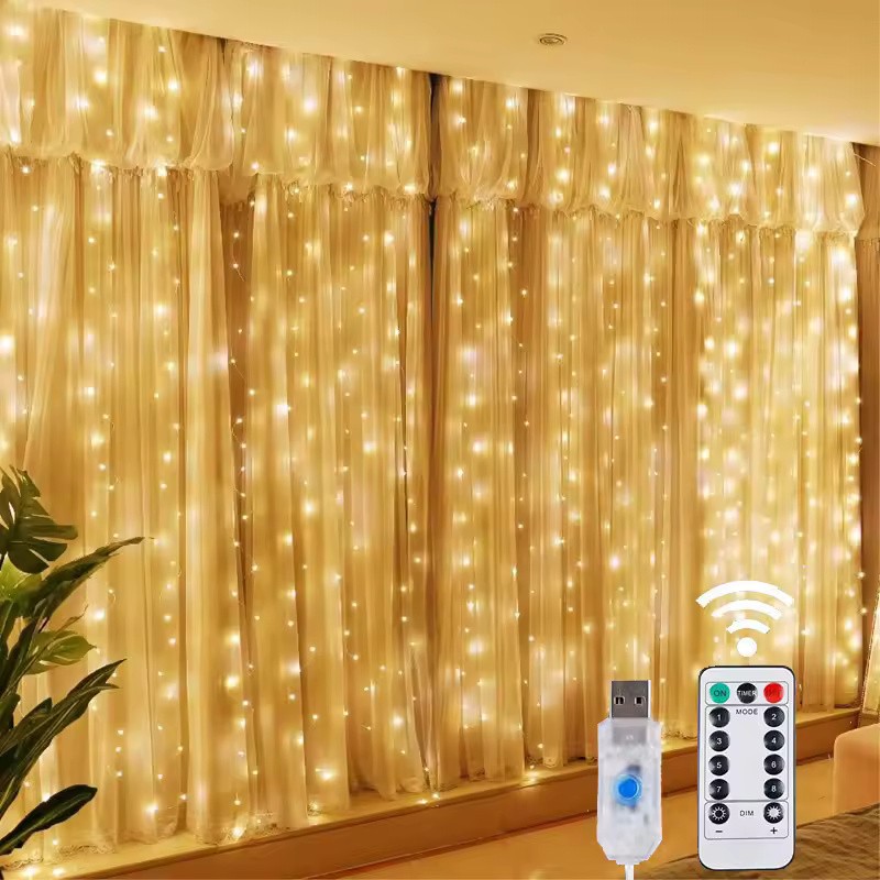 USB LED Curtain String Lights with Remote, 8 Modes Copper