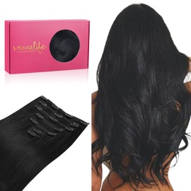 Wennalife Clip-In Human Hair Extensions, 40 cm, 120 g, 7 Pieces, Jet Black Hair Extensions, Clip-In Real Hair, Remy Hair Extensions, Natural Real Hair Extensions