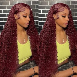 99J Burgundy Water Wave Lace Front Wigs Human Hair 13x4 180% Density Transparent Lace Frontal Wigs Curly Wigs for Women Red Deep Wigs Pre Plucked with Baby Hair 99j Lace Front Human Hair Wigs(30 inch)