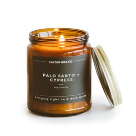 Calyan Wax Soy Wax Candle, Palo Santo & Cypress Scented Candle for The Home | Premium Candle with Essential Oils | 7.2 oz 57 Hour Burn | Soy Candle in Amber Glass Jar | Aromatherapy Gift for Women