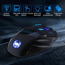 XuanGui F14 Wireless Gaming Mouse, with Side Buttons, 2400 DPI Bluetooth Gaming Mice, 7 Buttons, Blue LED Backlit, and Pro Optical Sensor, for PC, Laptop