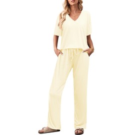 Ekouaer Lounge Sets for Women Short Sleeve Top and Long Pants Ribbed Knit Pajama Set 2 Piece PJ Sets Outfits Beige