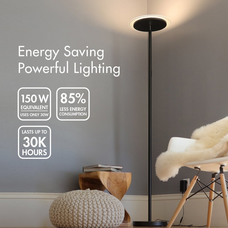 Tenergy Modern Torchiere Floor Lamp, 3000L LED, 30W, Remote Control,