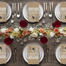 Wedding Cutlery Holders Pouch, Easter Decorations Natural Burlap Lace Utensil Napkin Holders Bag for Vintage Wedding, Party dinner, Thanksgiving banquet, Tableware Decorations (Lace, 12 Pack)