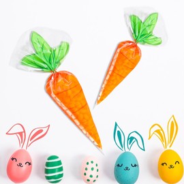 AIUPUOC 50Pieces Cute Carrot Cellophane Treat Bags Easter Carrot Shaped Triangle Bags for Candy with Equal Twist Ties Orange Gift Cone Goodie Plastic Bag Easter Party Supplies for Cookie Popcorn