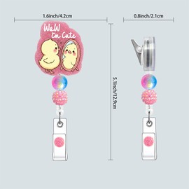Horee Retractable Badge Reel with Alligator Clip, Glitter Acrylic Nurse ID Card Holder with Beads, Pink Bling Funny Design (Cute Duck)