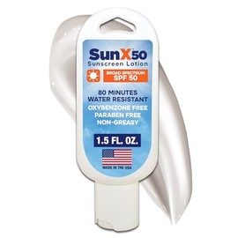 Sun X 50 SPF Oil Free Sunscreen Lotion (1.5oz. Tottle) - Free of Parabens, Oxybenzone, & White Cast Properties With Broad Spectrum (UVA/UVB) Protection - Water & Sweat Resistant For Up To 80 Minutes