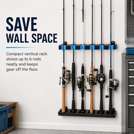 Fishing Rod Holder Wall Mount Rack Organizer, Holds 6 Rods and Combos, Fishing Pole Holders for Garage, Boat or Home Storage, EVA Foam Grip, 12.6 Inch Space-Saving Design (Vertical (Black-Blue))