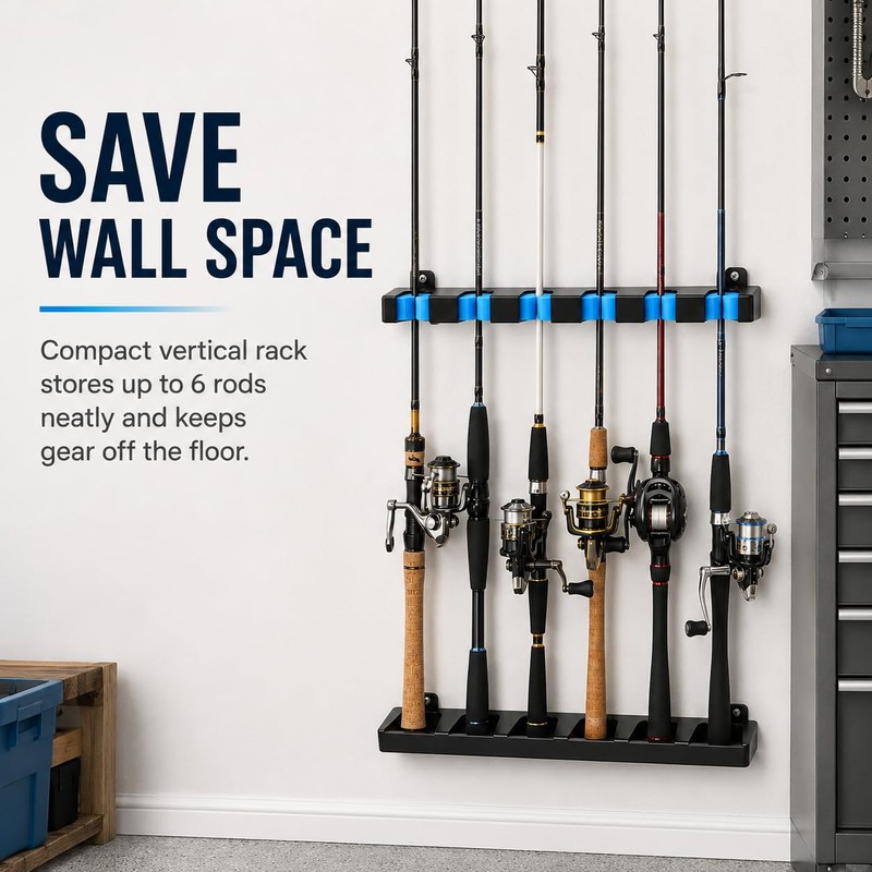 Fishing Rod Holder Wall Mount Rack Organizer, Holds 6 Rods