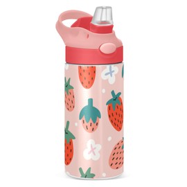 Kigai Cute Strawberry Kids Water Bottle with Straw Lid, Vacuum Insulated Stainless Steel Double Walled Leakproof Tumbler Travel Cup for Girls Boys Toddlers, 12 oz