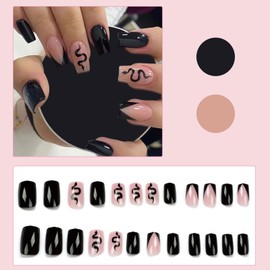 Ceboic Pack of 24 Medium Nude Nails for Sticking Coffin, Black Artificial Nails, Press On Nails with Snake Design, Acrylic French Tip Fingernails, Fake Nails for Women and Girls