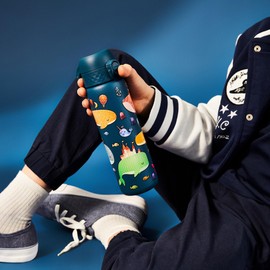 Ion8 Steel Water Bottle, 600 ml/20 oz, Leak Proof, Easy to Open, Secure Lock, Dishwasher Safe, Flip Cover, Fits Cup Holders, Carry Handle, Durable, Metal Water Bottle, Raised Print, Whales Design