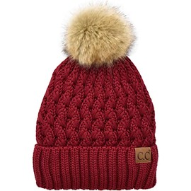 C.C Women’s Winter Cable Sherpa Fleece Lined Ribbed Beanie Lattice Braided Knit Crossover Stitch Faux Fur Pom Soft Warm Hat Burgundy