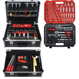 FAMEX 440-51 Profi Werkzeugkoffer gefüllt mit Werkzeug Set, viele Werkzeuge Made in Germany - ERWEITERBAR - und 219-tlg. Steckschlüsselsatz 1/2", 3/8", 1/4" - Alu-Koffer groß, Werkzeugkasten