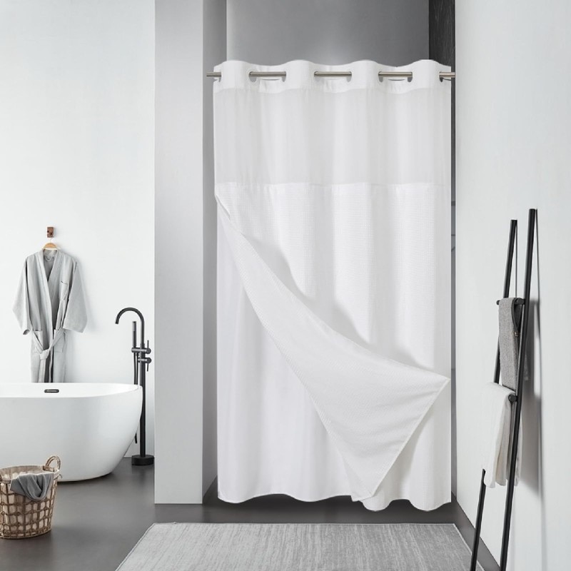 eachope Stall White No Hook Waffle Weave Shower Curtain with