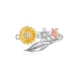 LWXIE Diamond Sunflower Ring for Women 925 Sterling Silver Colorful Flower Open Rings with Lab Grown Diamond Jewelry Gifts for Her