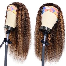 Wig with Headband Human Hair Brazilian Wig Curly No Lace Front Hairband Deep Wavy Human Hair Wig Women Natural Highlight Ombre Blonde #4/27 Color (30.5