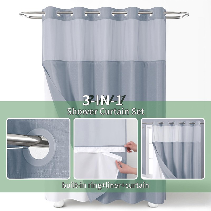 eachope Blue No Hook Shower Curtain with Snap-in Fabric Liner