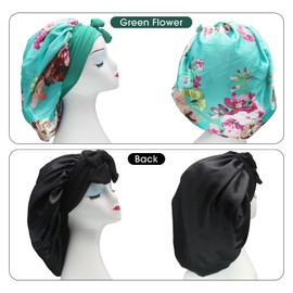 Hanbertti Paquete de 2 gorros de satén de seda para dormir con banda elástica para amarrar, capó de seda, capó de satén, capó ajustable para cabello rizado, durmiendo mujeres y niñas (negro + flor verde)