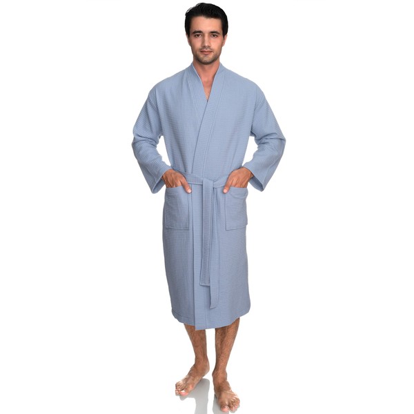 TowelSelections - Bata de baño tipo kimono para hombre, diseño de gofre, azul, casimir (CASHMERE BLUE), Small-Medium