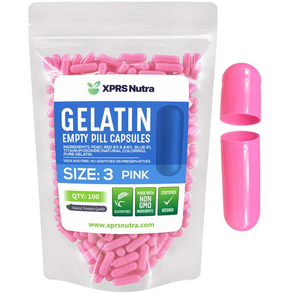 XPRS Nutra tamaño 3 cápsulas vacías – Cápsulas de gelatina vacías de color rosa – Cápsulas de píldoras vacías – Cápsulas de suplemento de bricolaje – Cápsulas de gel de color rellenables píldoras (100 unidades)