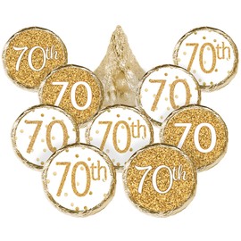 White and Gold 70th Birthday Party Favor Stickers - 180 Labels