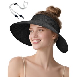 YANIKY Sun Visor Hat for Women, Wide Brim Straw Visors Beach Hat Roll Up Foldable Beach Visors Summer UV Protection (US, Alpha, One Size, Black)