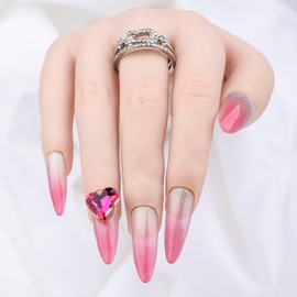 Closeus Press On Nails Handmade Long Pink Rouge Gradient 3D Diamond Heart Bling Crystal Cat Eye Glitter Designed Natural Fit Gem Pearl Glue Reusable Stick On Nail in 10Pcs 4 Sizes Kit L