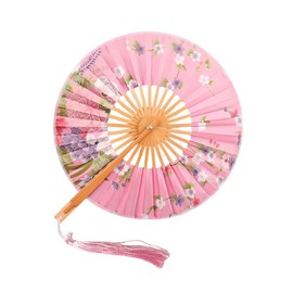MIUPOO Japanese Fan Art Deco Round Fabric Print Bamboo Fan,Bamboo Round Folding Fan,Chinese Foldable Hand Fan for Women Birthday Wedding Party Home Decorations,Pink
