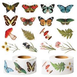 W1cwey 1000pcs Vintage Butterfly Flower Sticker Rolls (2 Rolls), 16 Design Butterfly Plant Theme Self-Adhesive Sticker Retro Flower Plant Sticker Decals Party Favor Supply for Kids Luggage Scrapbook