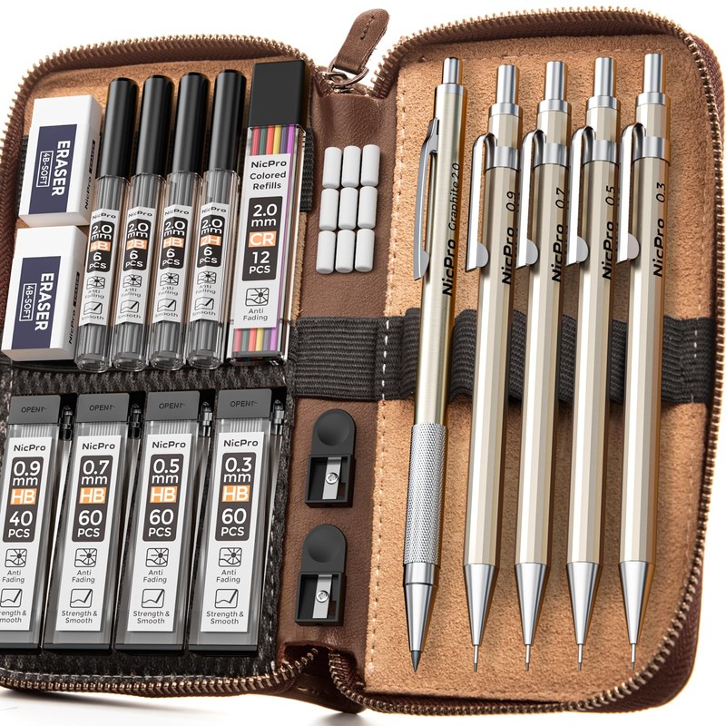 Nicpro 29PCS Metal Mechanical Pencil Set in Leather Case, 0.3