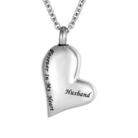 Skew Heart Cremation Urn Ashes Necklace Forever in My Heart Stainless Steel Keepsake Waterproof Memorial Pendant … (Husband)