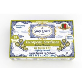 SANTO AMARO European Wild Sardines in Pure Olive Oil (12 Pack, 120g Each) Lightly Smoked - Europe Style! 100% Natural - Wild Caught – GMO FREE - Keto - Paleo - Hand Packed in PORTUGAL