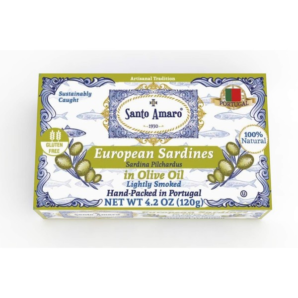 SANTO AMARO European Wild Sardines in Pure Olive Oil (12 Pack, 120g Each) Lightly Smoked - Europe Style! 100% Natural - Wild Caught – GMO FREE - Keto - Paleo - Hand Packed in PORTUGAL