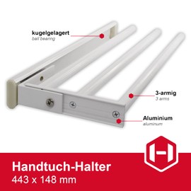 Gedotec Hostel Towel Rail Extendible 1 Arm 1 Piece Towel Rail Aluminium White Coated Installation Length 443 mm Tea Towel Holder for Cupboard Side and Ceiling Mounting