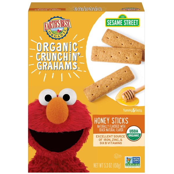 Earth's Best Organic Sesame Street Toddler Crunchin' Grahams, Honey Sticks, 5.3 Oz Box (Pack of 6)