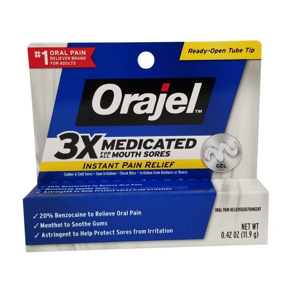 Orajel Oral Pain Reliever, for All Mouth Sores, Maximum Strength, Gel 0.42 Oz, 11.9 G (Pack of 2)